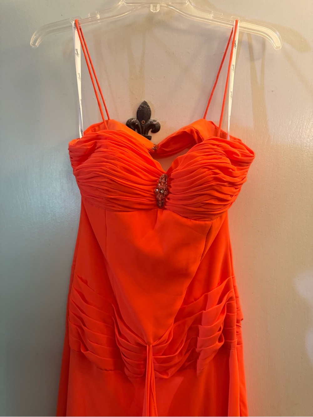 PROM PAGEANT NWOT Ruched Spaghetti Strap Evening Dress in Bright Orange